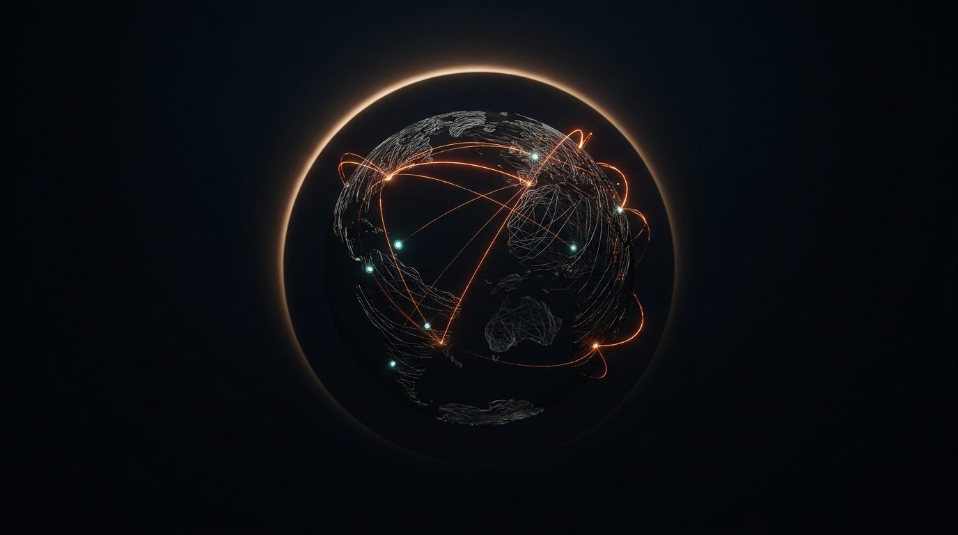 A wireframe globe with glowing arcs