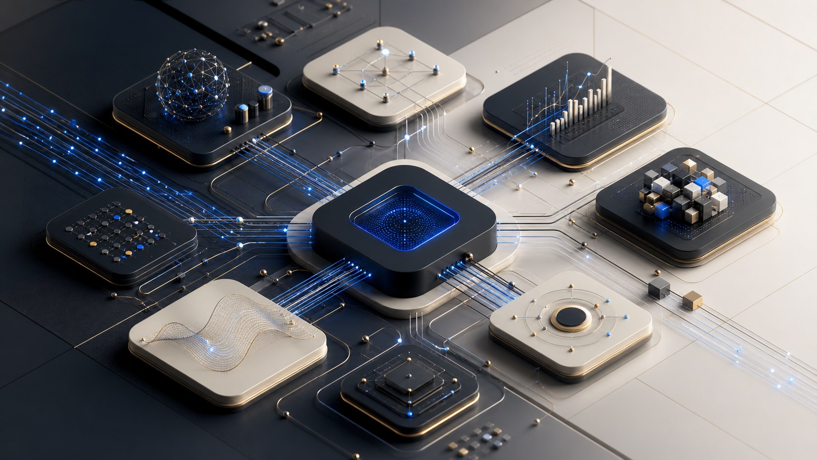 Abstract AI-native marketing orchestration network connecting strategy, content, analytics and learning.