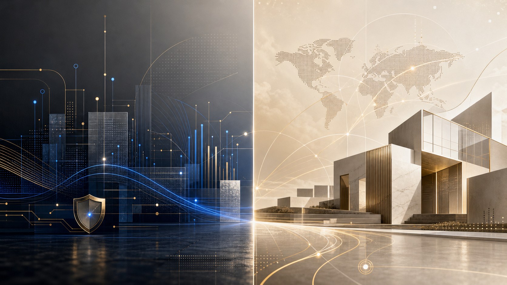 Abstract visual linking regulated fintech precision with luxury real estate demand generation.