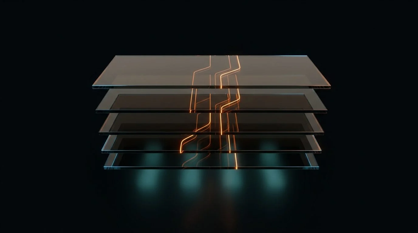 Stacked dark glass planes woven together by gold circuitry threads