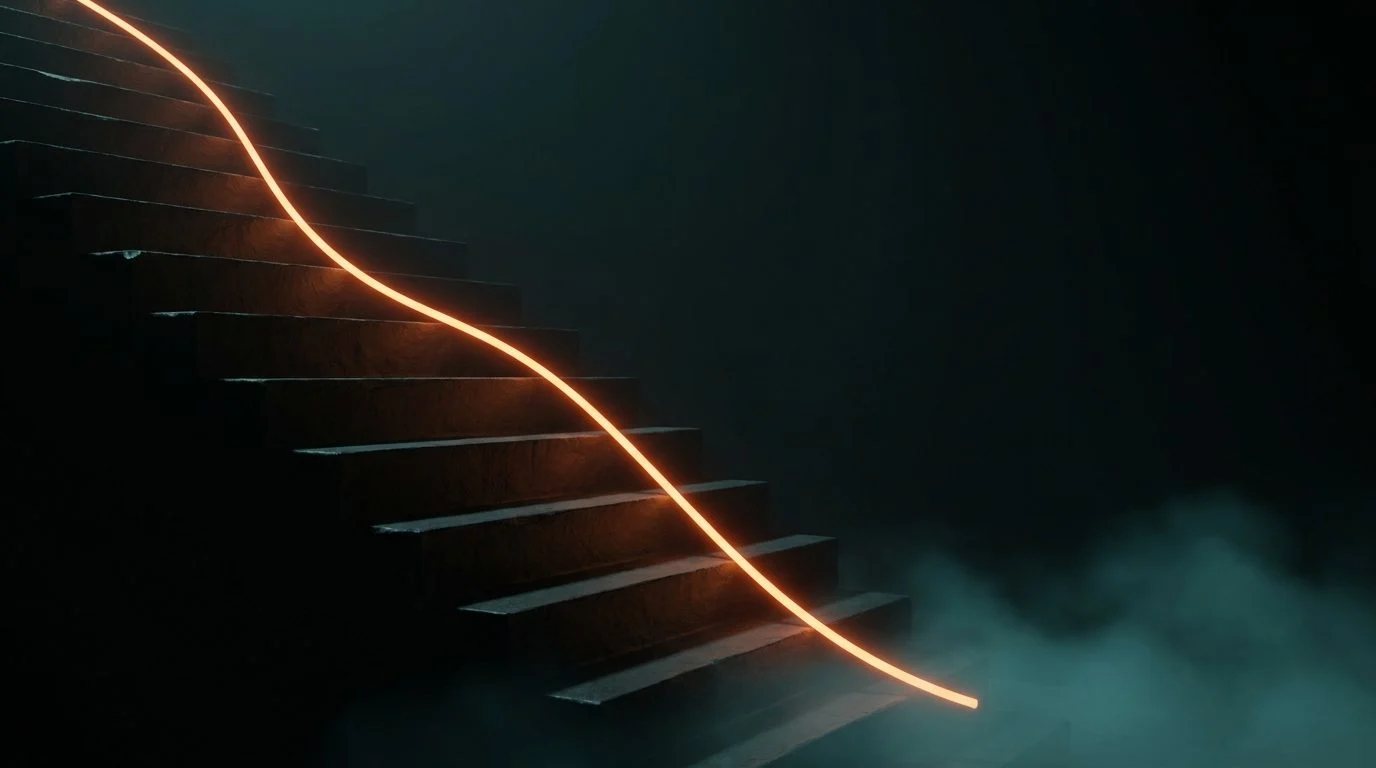 A gold line descending a staircase of black onyx blocks