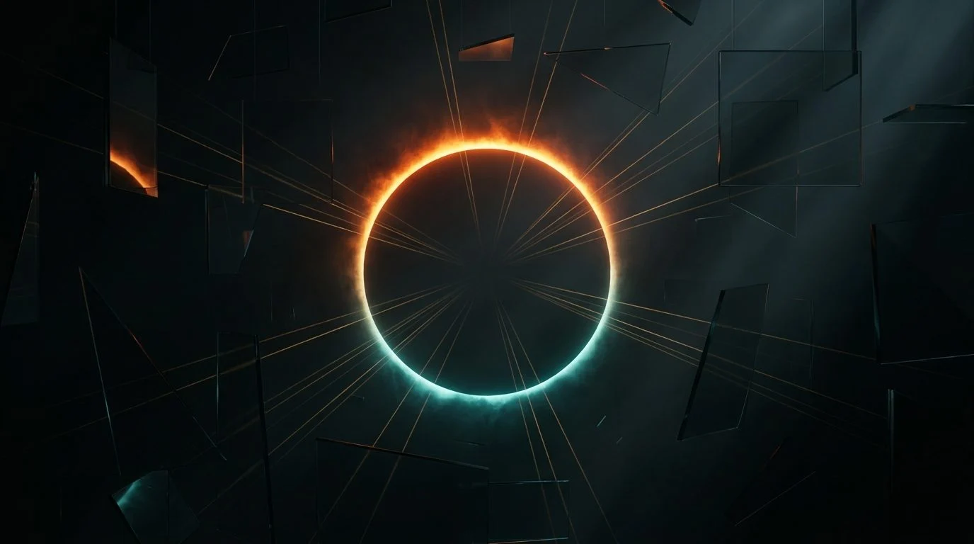 A gold monolith radiating beams of light through floating dark glass panels