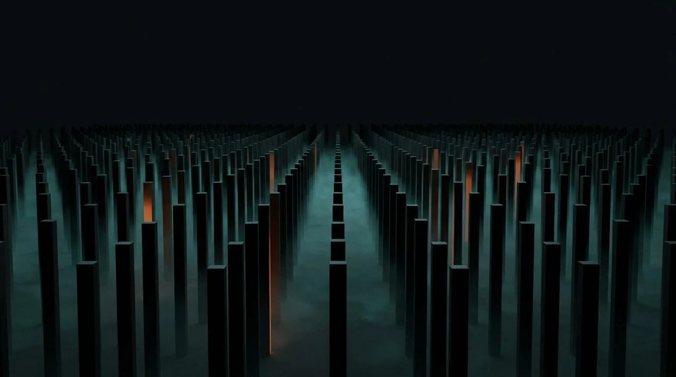 A vast grid of black monoliths with a few gilded in gold, receding to the horizon